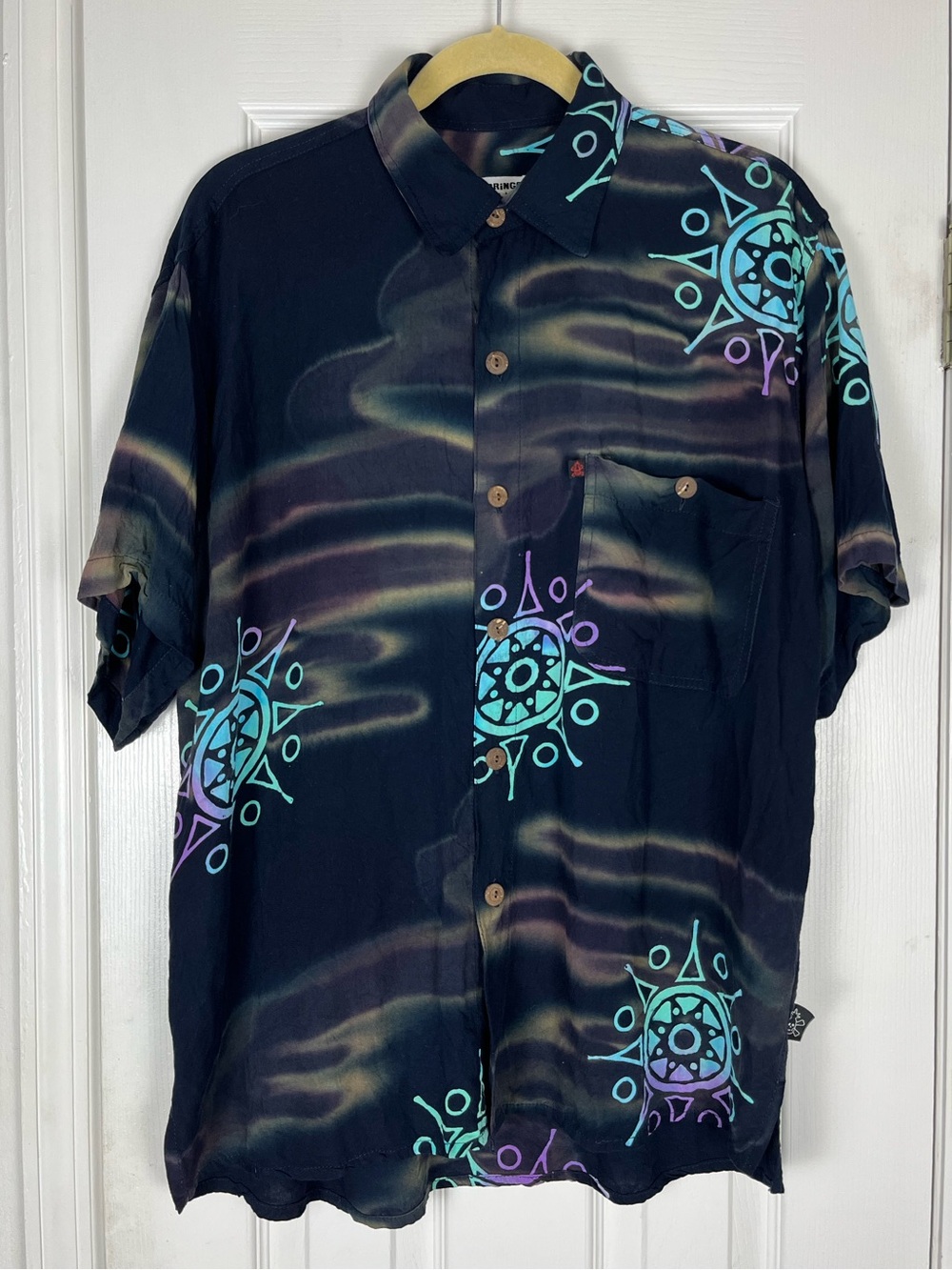 Mad Gringo Men’s Tropical Dyed Geo Print Button Up Island Camp Shirt 100% Rayon
